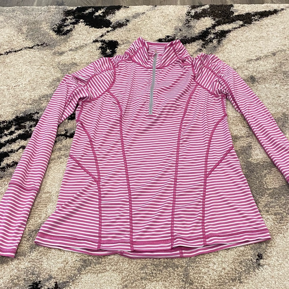 Medium Zella pink and white striped half zip workout top with thumb holes.